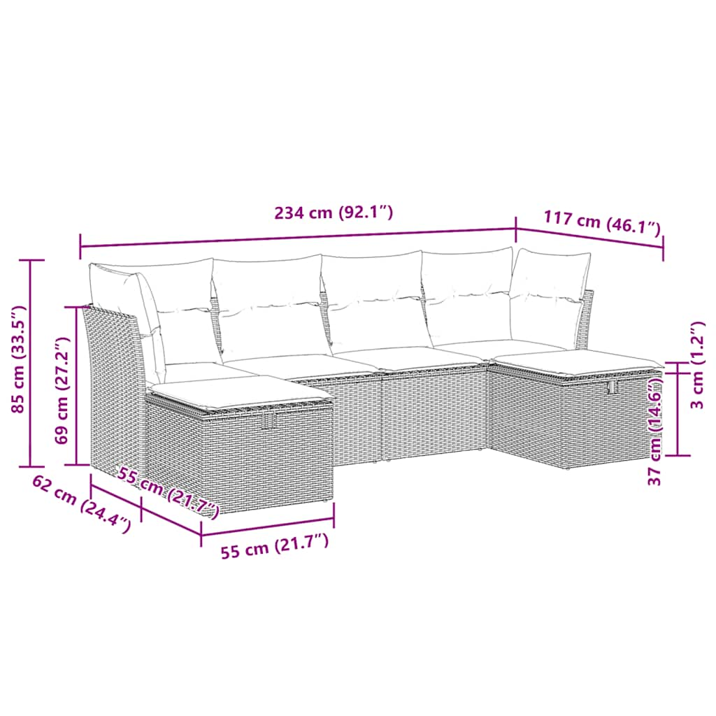 Salon de jardin avec coussins 6 pcs marron résine tressée