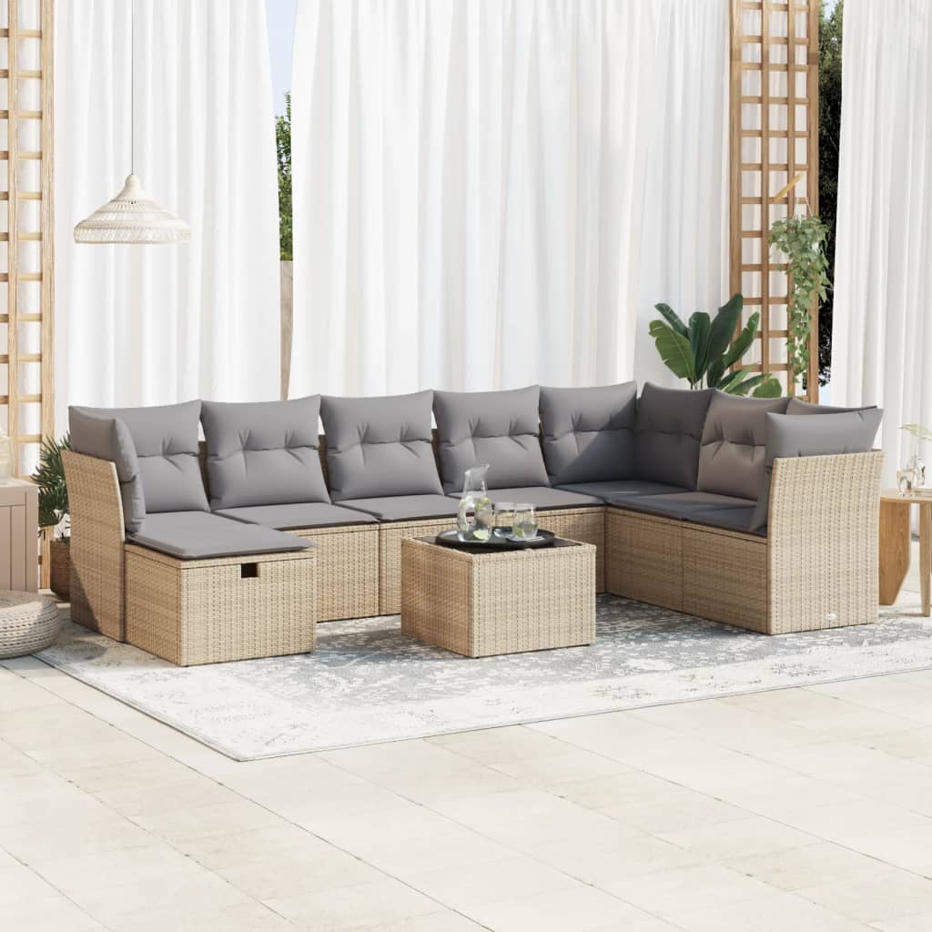 Salon de jardin avec coussins 9 pcs beige résine tressée