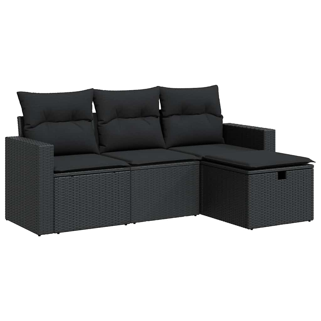 Salon de jardin 4 pcs avec coussins noir résine tressée