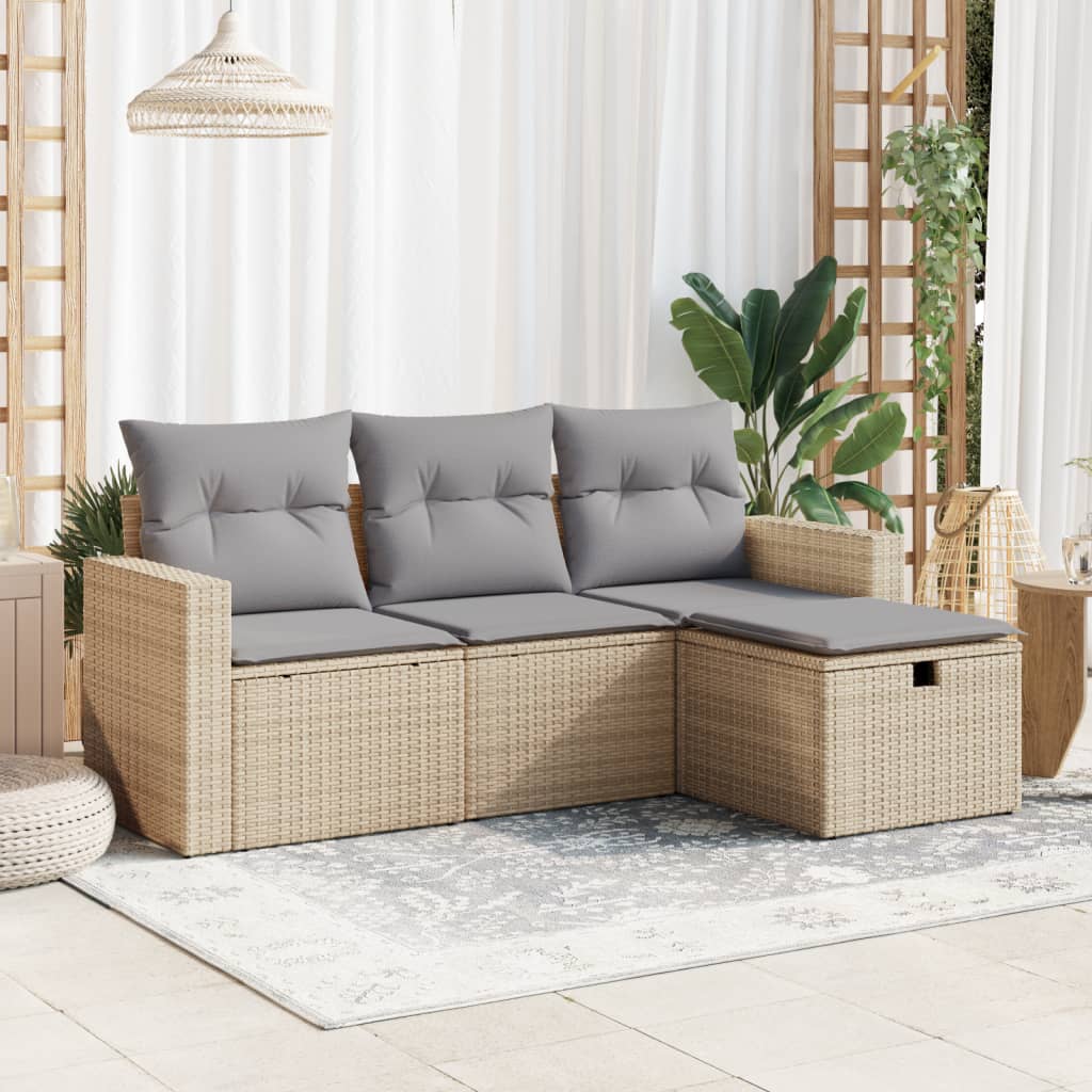 Salon de jardin avec coussins 4 pcs beige résine tressée