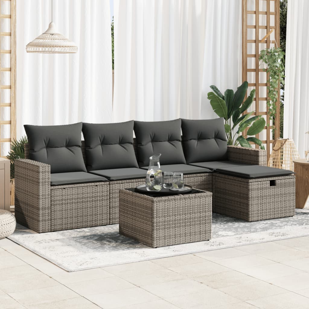 Salon de jardin 6 pcs avec coussins gris résine tressée