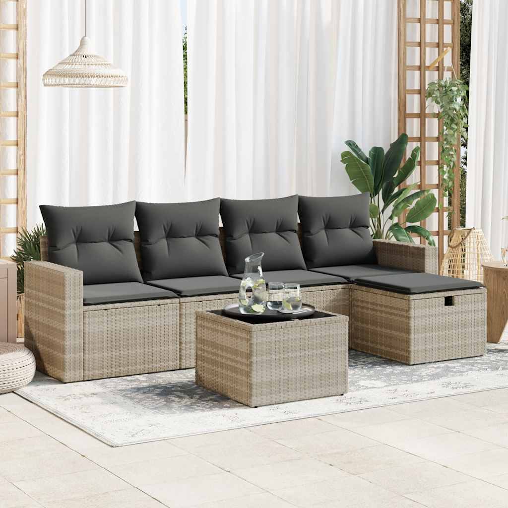 Salon de jardin 6 pcs avec coussins gris clair résine tressée