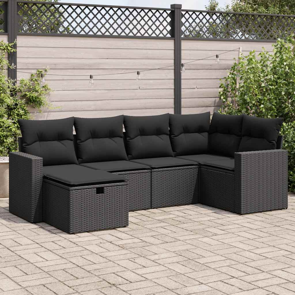 Salon de jardin 6 pcs avec coussins noir résine tressée