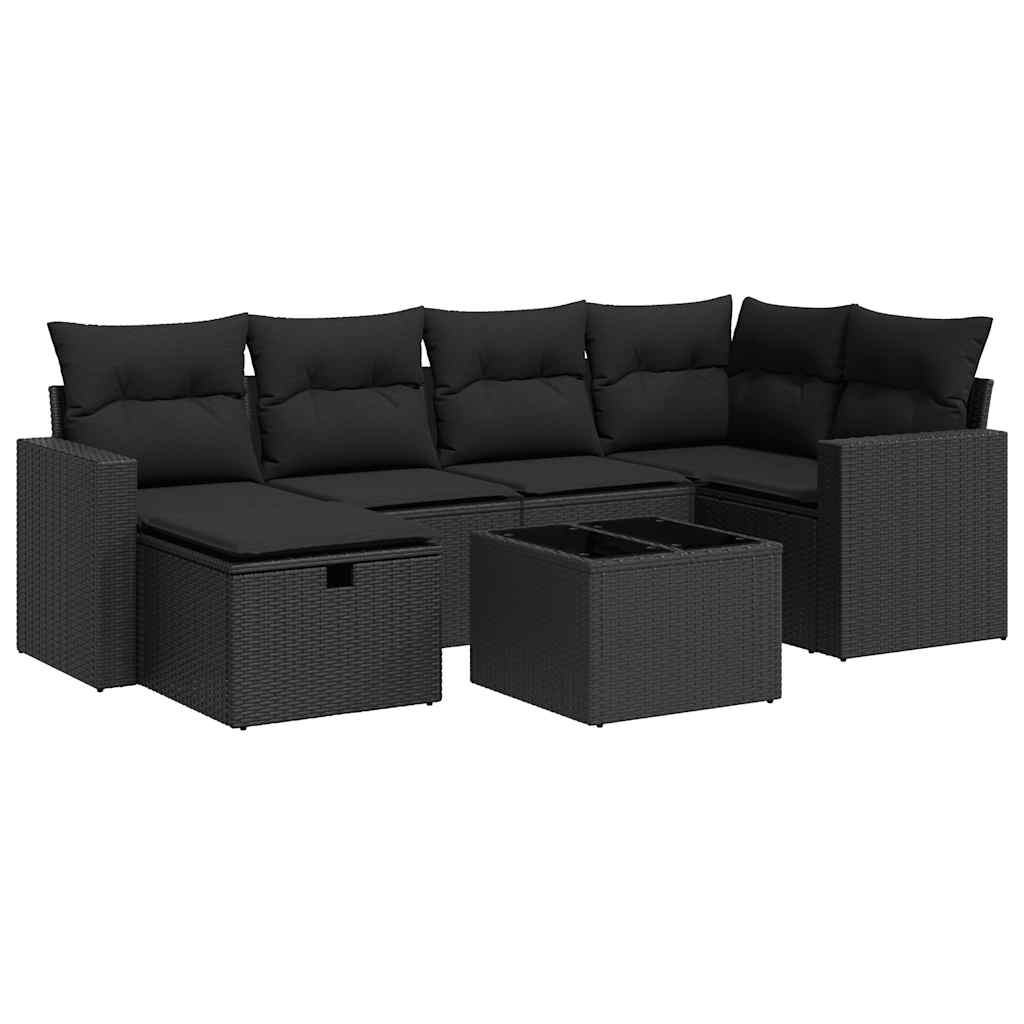 Salon de jardin 7 pcs avec coussins noir résine tressée