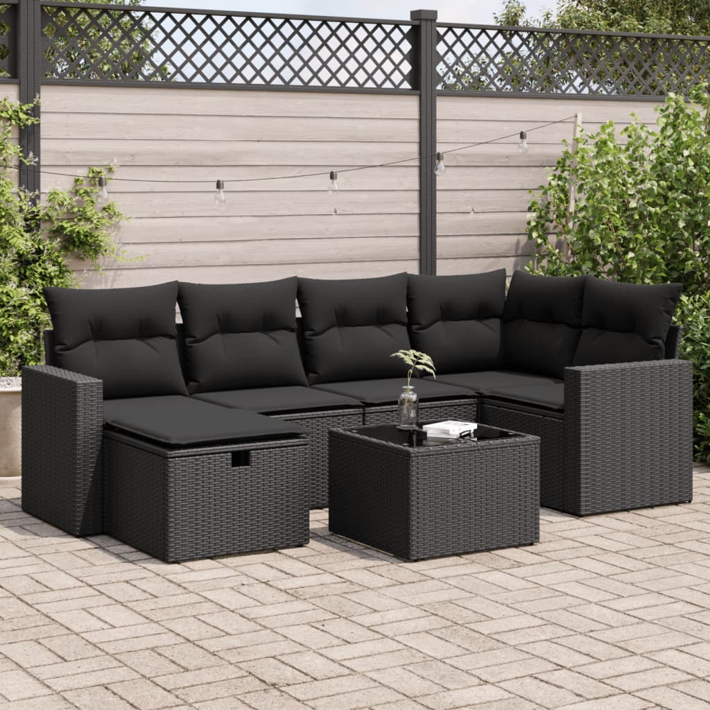 Salon de jardin 7 pcs avec coussins noir résine tressée