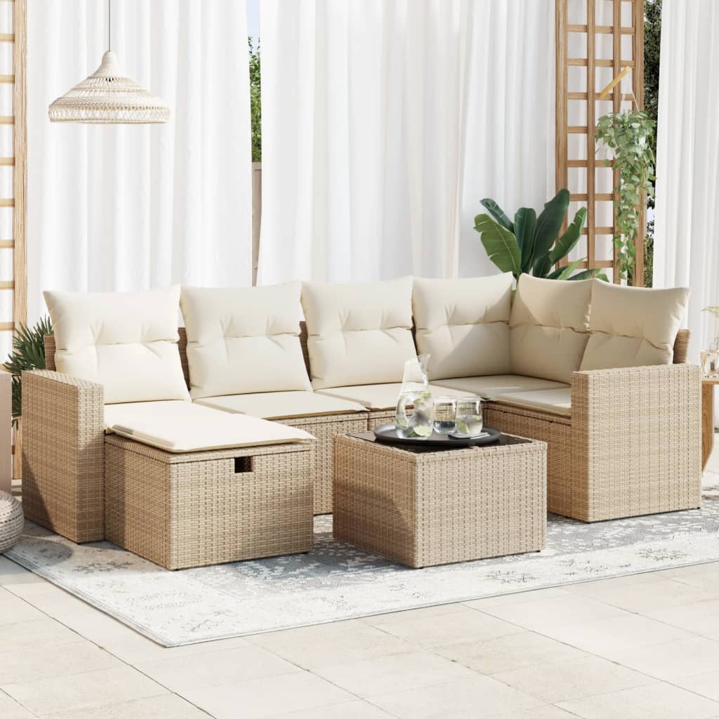 Salon de jardin avec coussins 7 pcs beige résine tressée