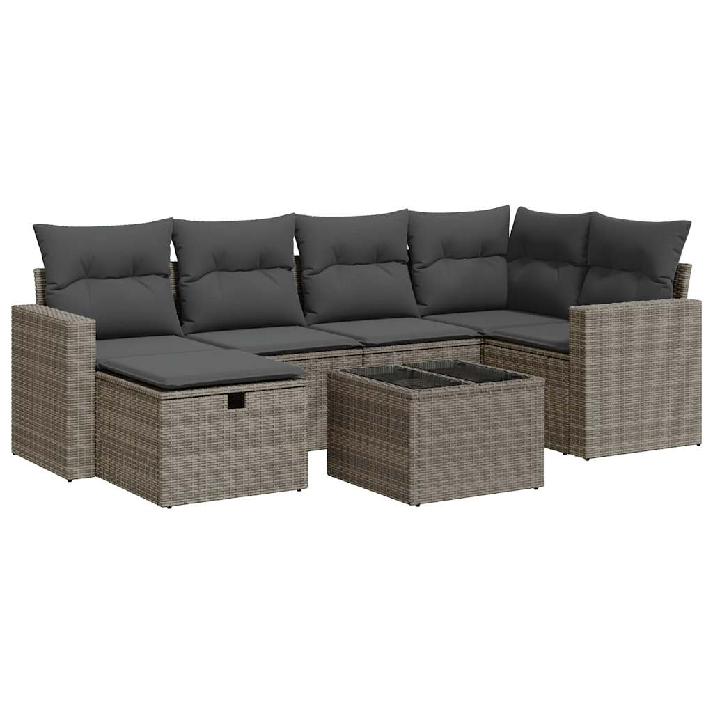 Salon de jardin avec coussins 7 pcs gris résine tressée