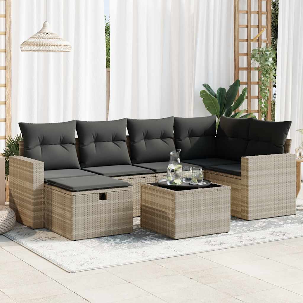 Salon de jardin avec coussins 7 pcs gris clair résine tressée