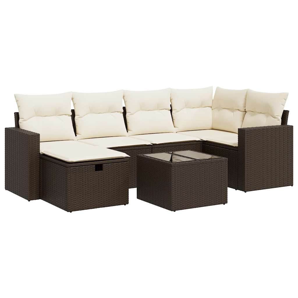 Salon de jardin avec coussins 7 pcs marron résine tressée