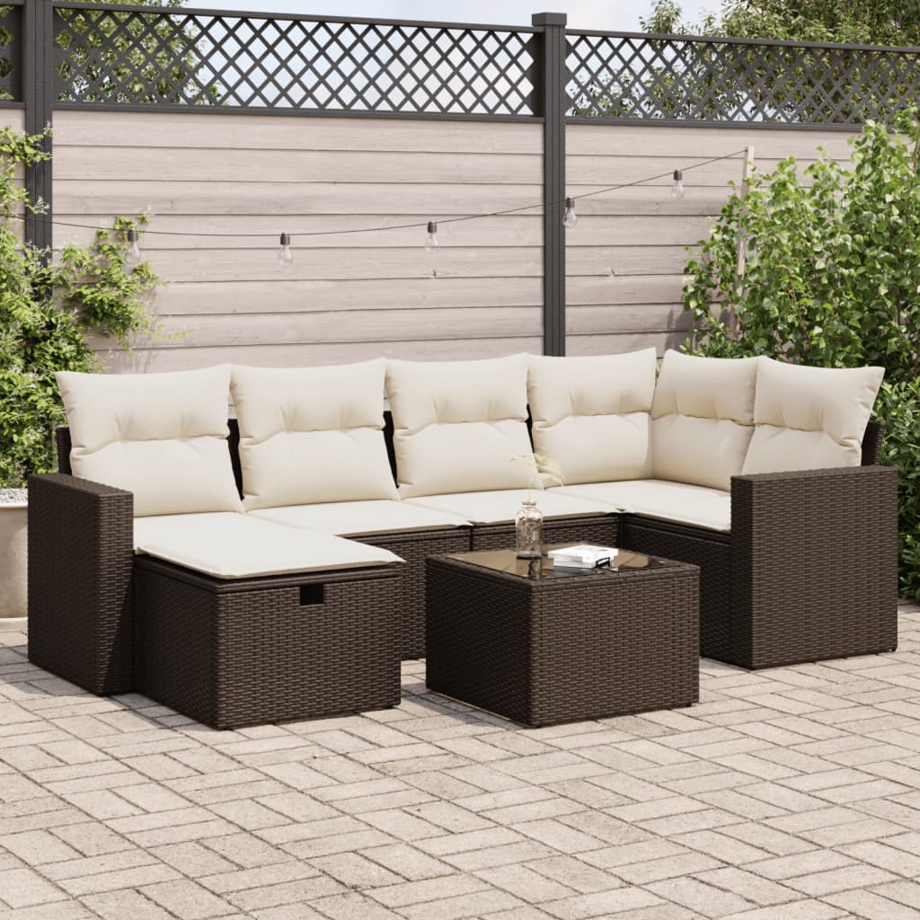 Salon de jardin avec coussins 7 pcs marron résine tressée