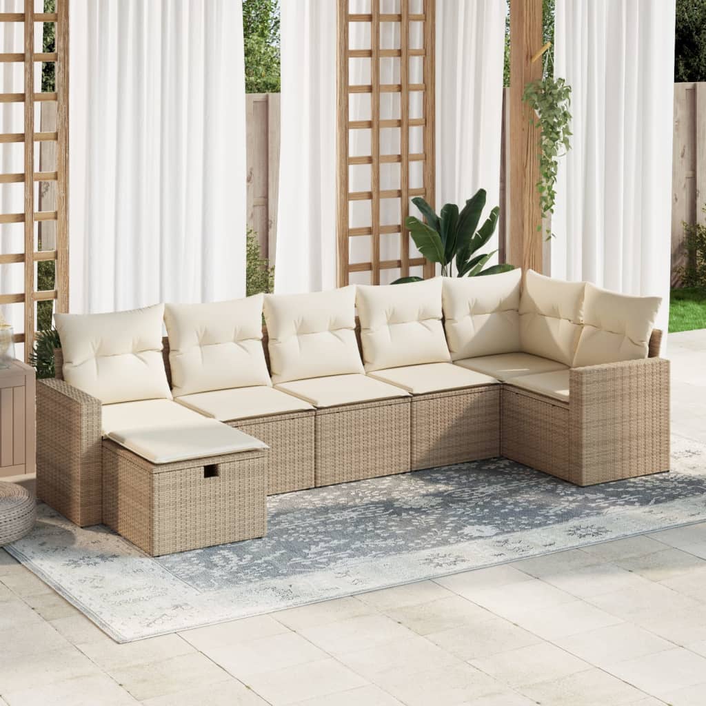 Salon de jardin avec coussins 7 pcs beige résine tressée