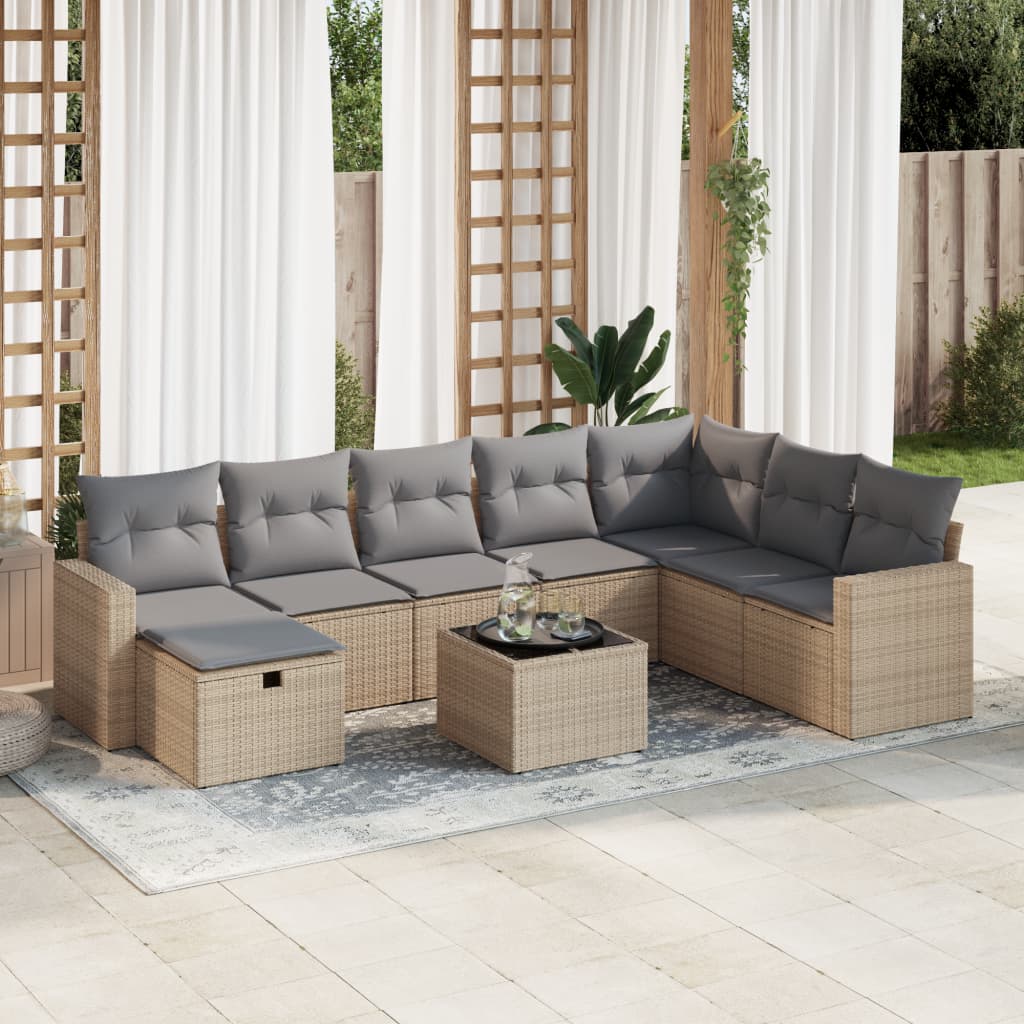 Salon de jardin avec coussins 9 pcs beige résine tressée