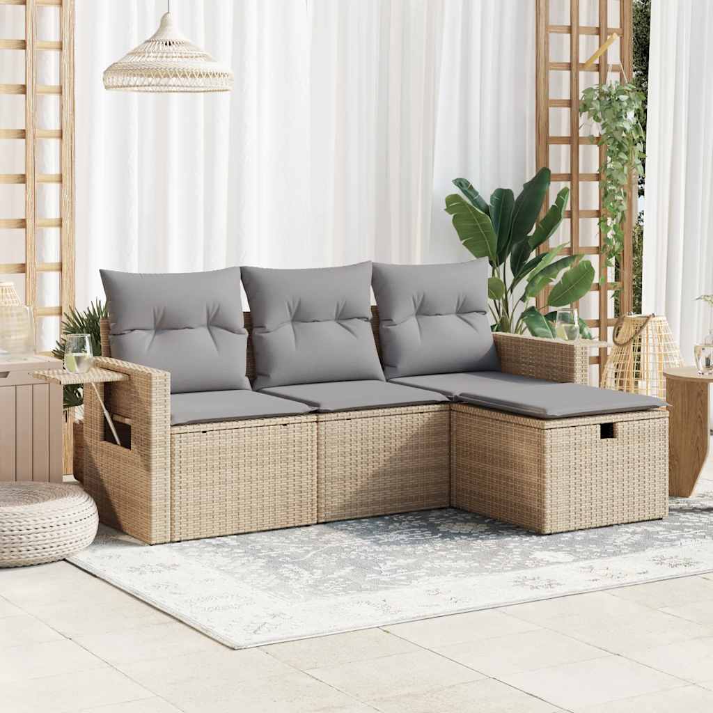 Salon de jardin avec coussins 4 pcs beige résine tressée