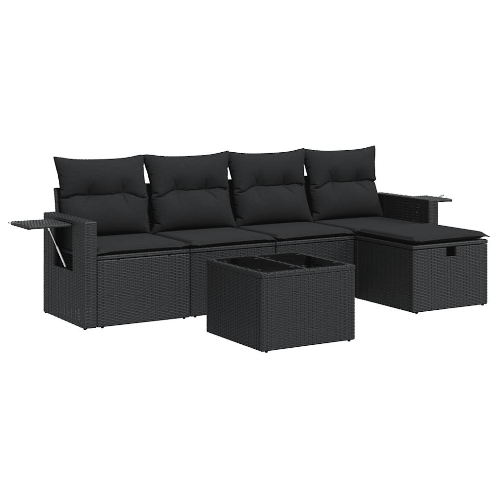 Salon de jardin 6 pcs avec coussins noir résine tressée