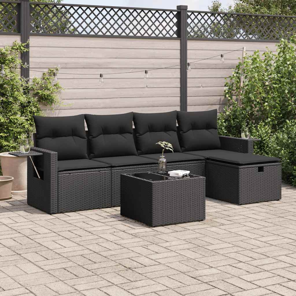 Salon de jardin 6 pcs avec coussins noir résine tressée