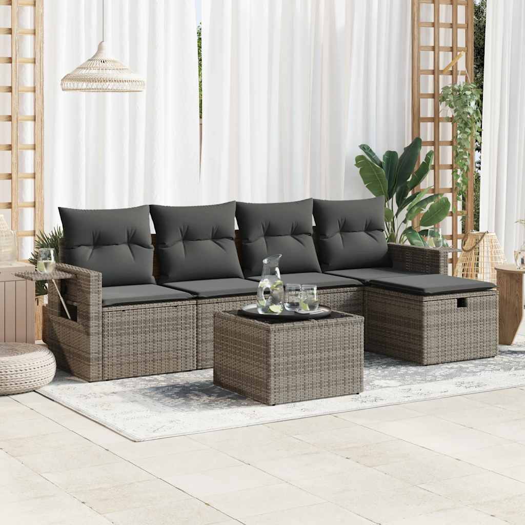 Salon de jardin 6 pcs avec coussins gris résine tressée