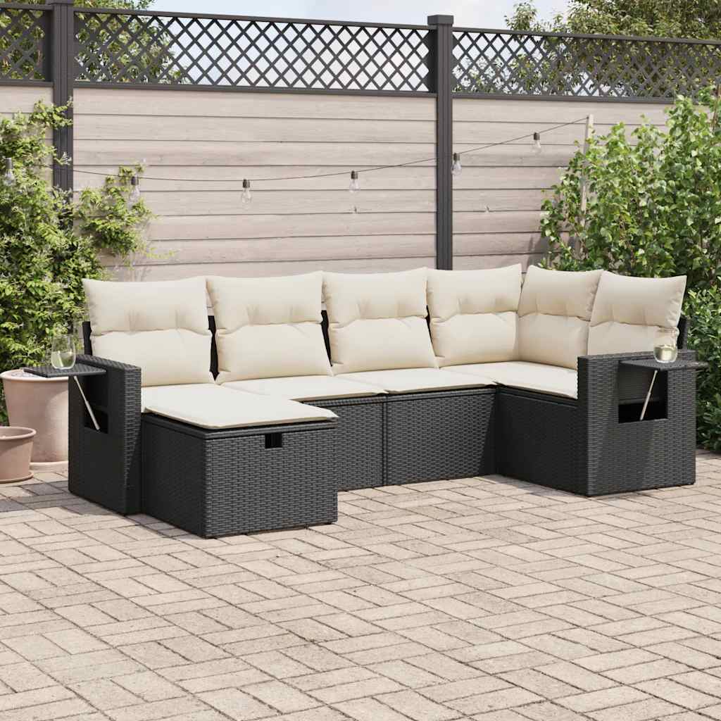 Salon de jardin 6 pcs avec coussins noir résine tressée