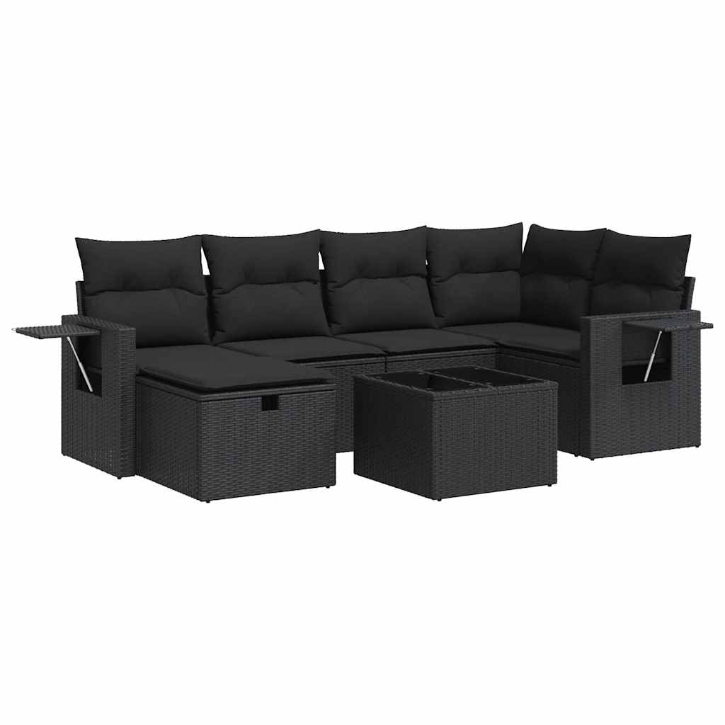 Salon de jardin 7 pcs avec coussins noir résine tressée