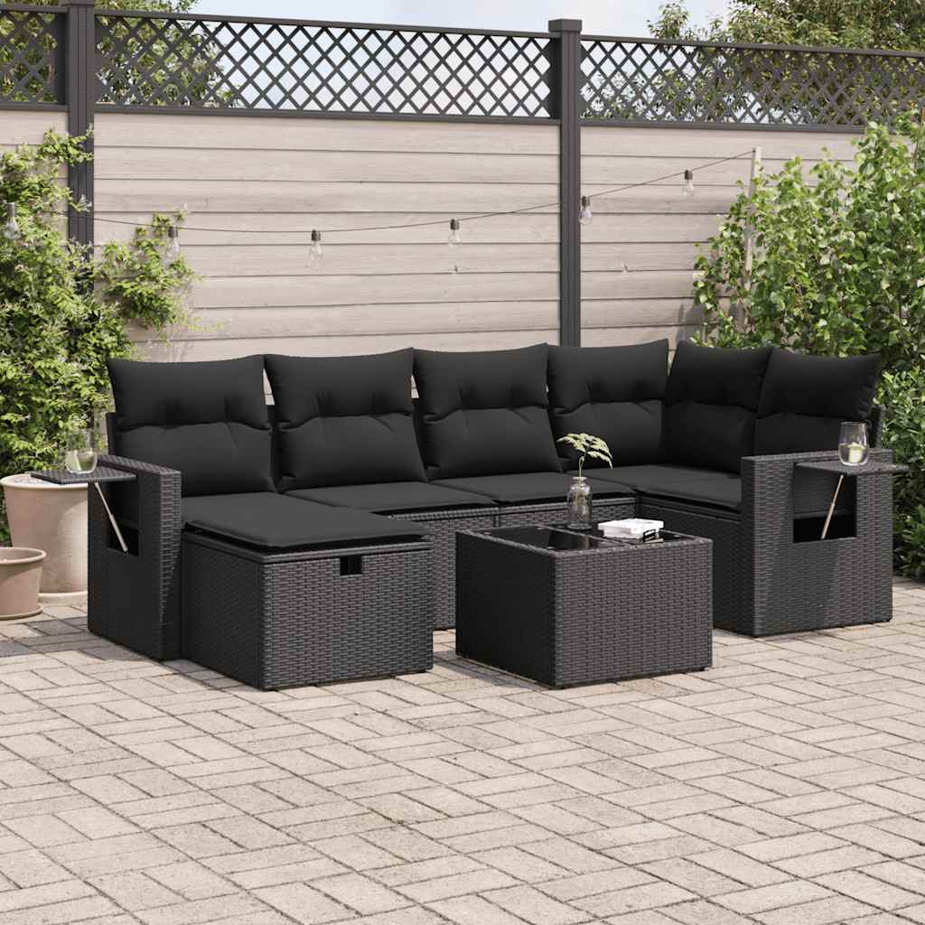 Salon de jardin 7 pcs avec coussins noir résine tressée