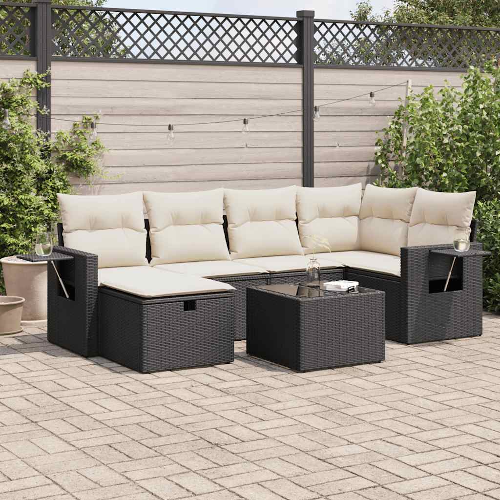 Salon de jardin 7 pcs avec coussins noir résine tressée