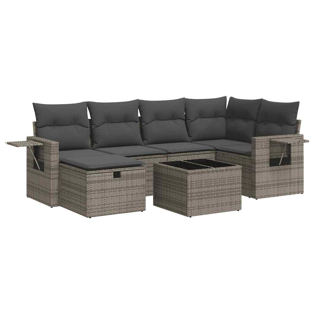 Salon de jardin avec coussins 7 pcs gris résine tressée