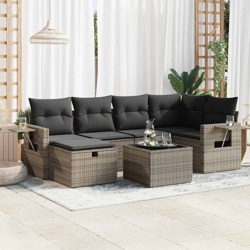 Salon de jardin avec coussins 7 pcs gris résine tressée