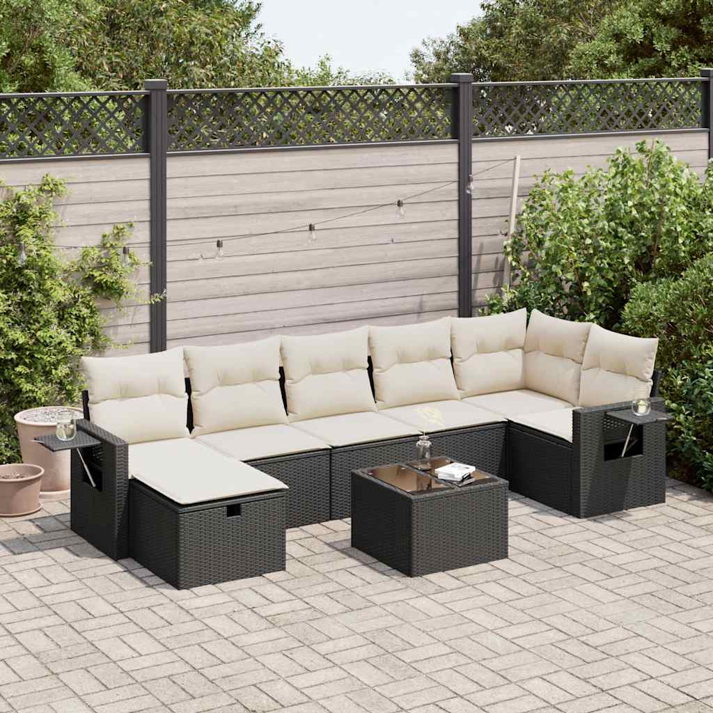 Salon de jardin 8 pcs avec coussins noir résine tressée