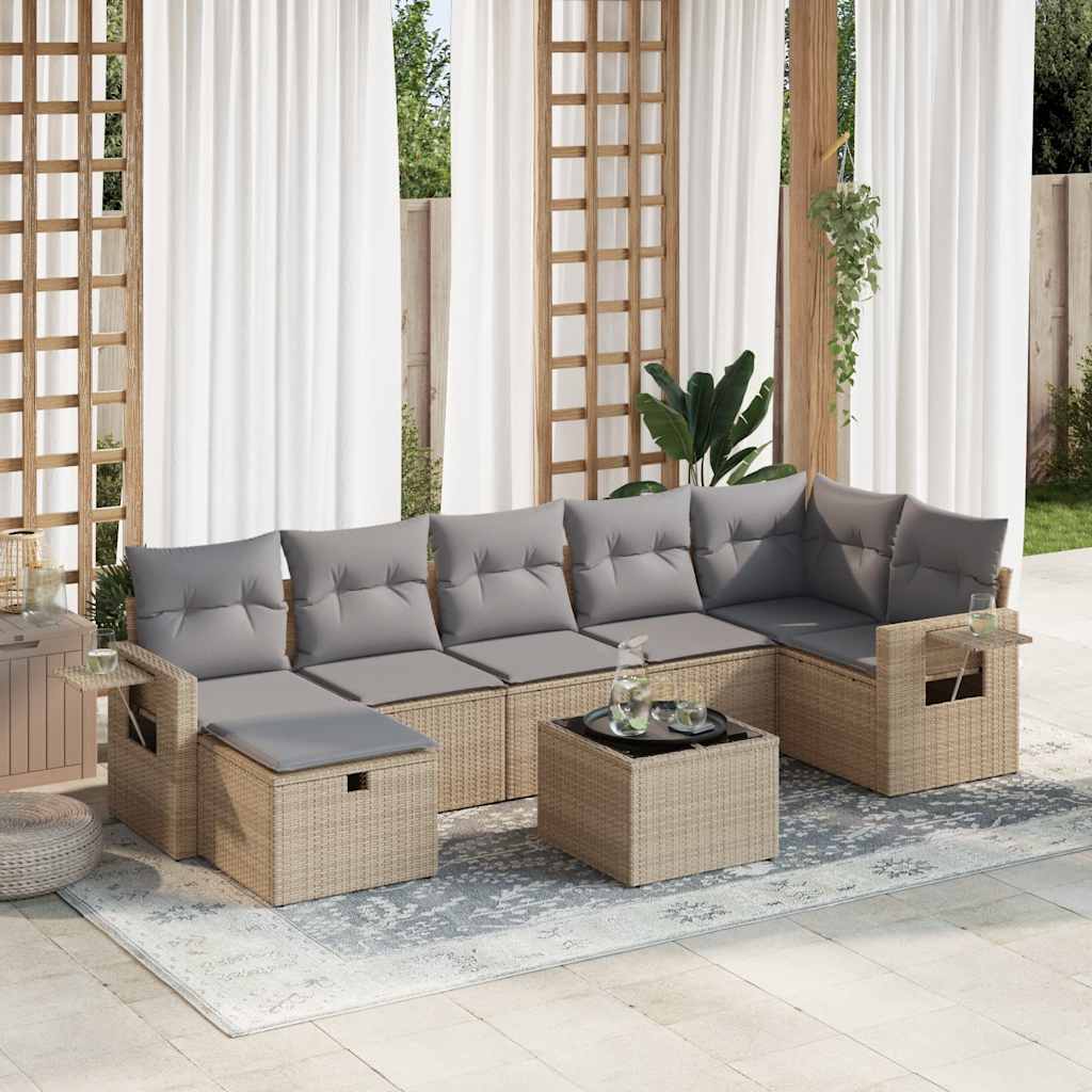 Salon de jardin avec coussins 8 pcs beige résine tressée