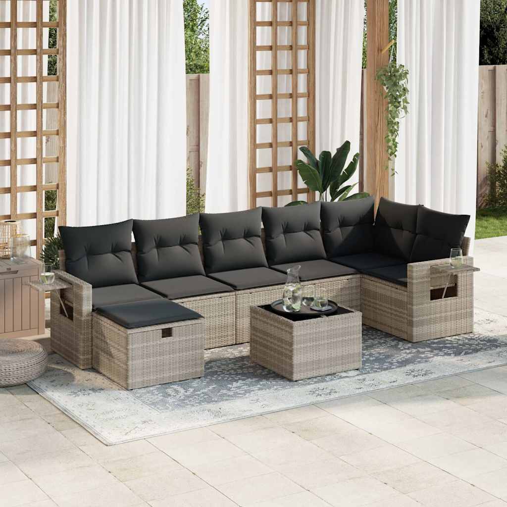 Salon de jardin 8 pcs avec coussins gris clair résine tressée