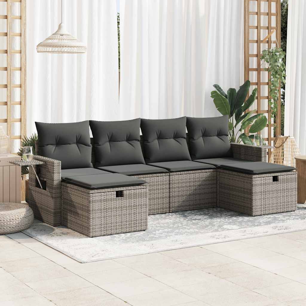 Salon de jardin 6 pcs avec coussins gris résine tressée