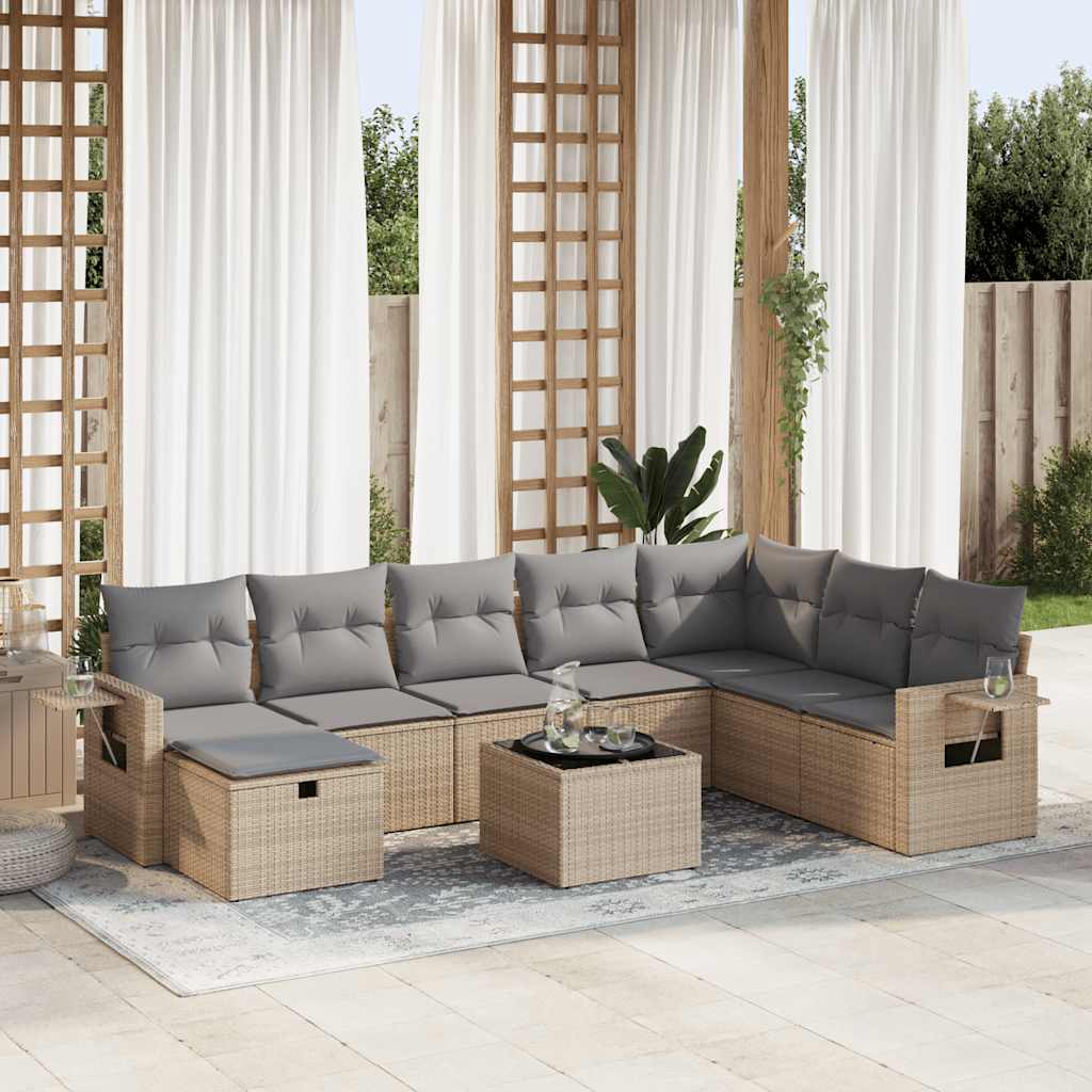 Salon de jardin avec coussins 9 pcs beige résine tressée