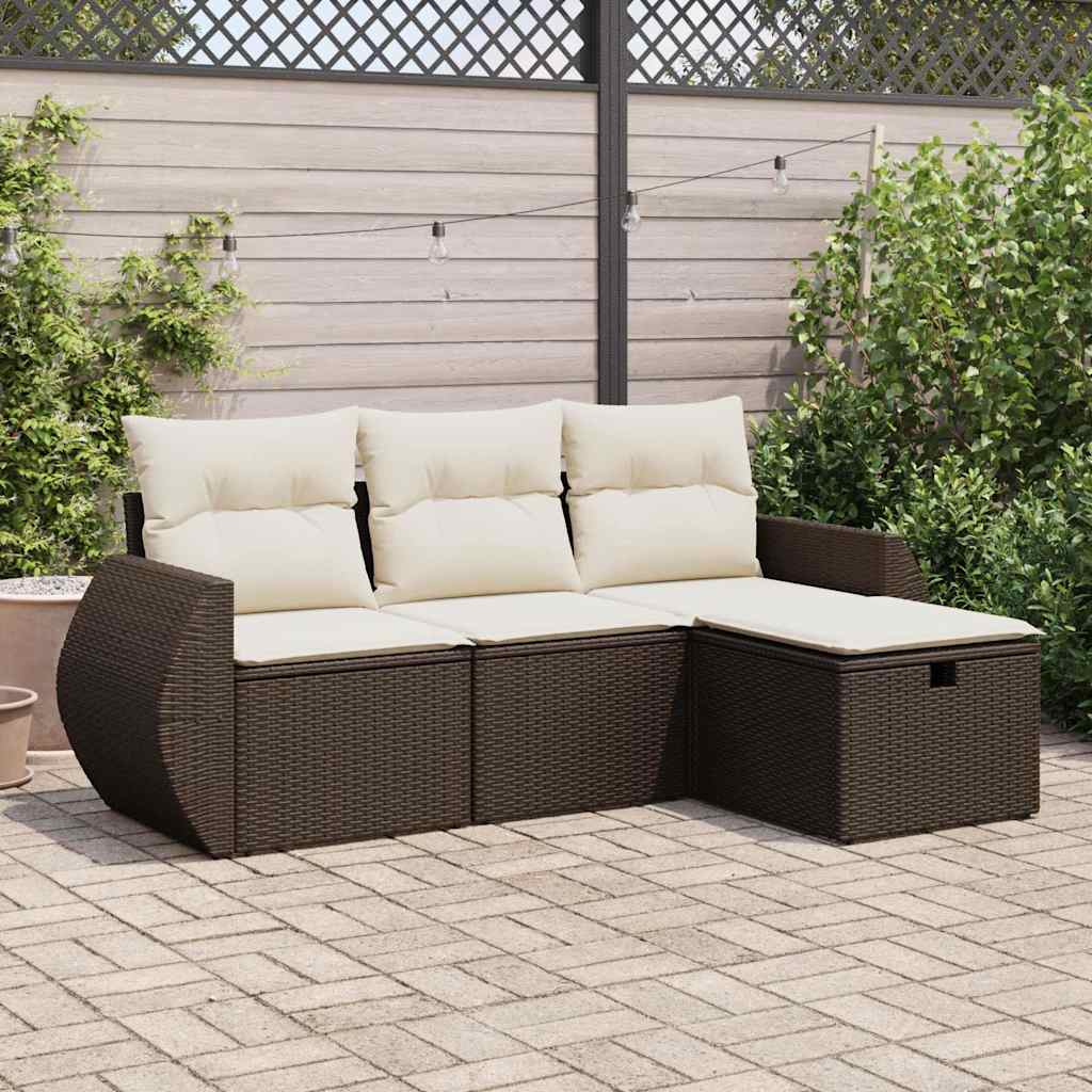 Salon de jardin 4 pcs avec coussins marron résine tressée