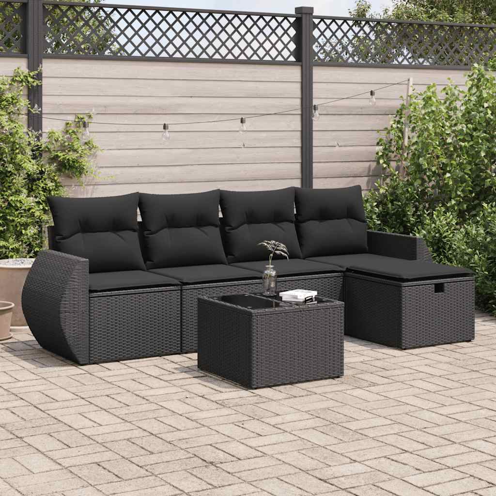 Salon de jardin 6 pcs avec coussins noir résine tressée