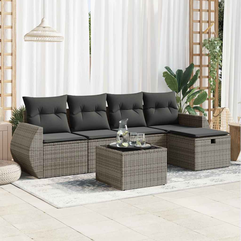 Salon de jardin 6 pcs avec coussins gris résine tressée