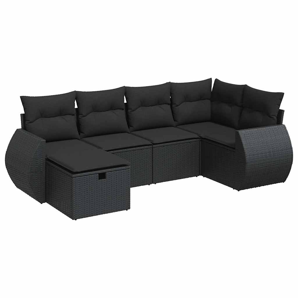 Salon de jardin 6 pcs avec coussins noir résine tressée