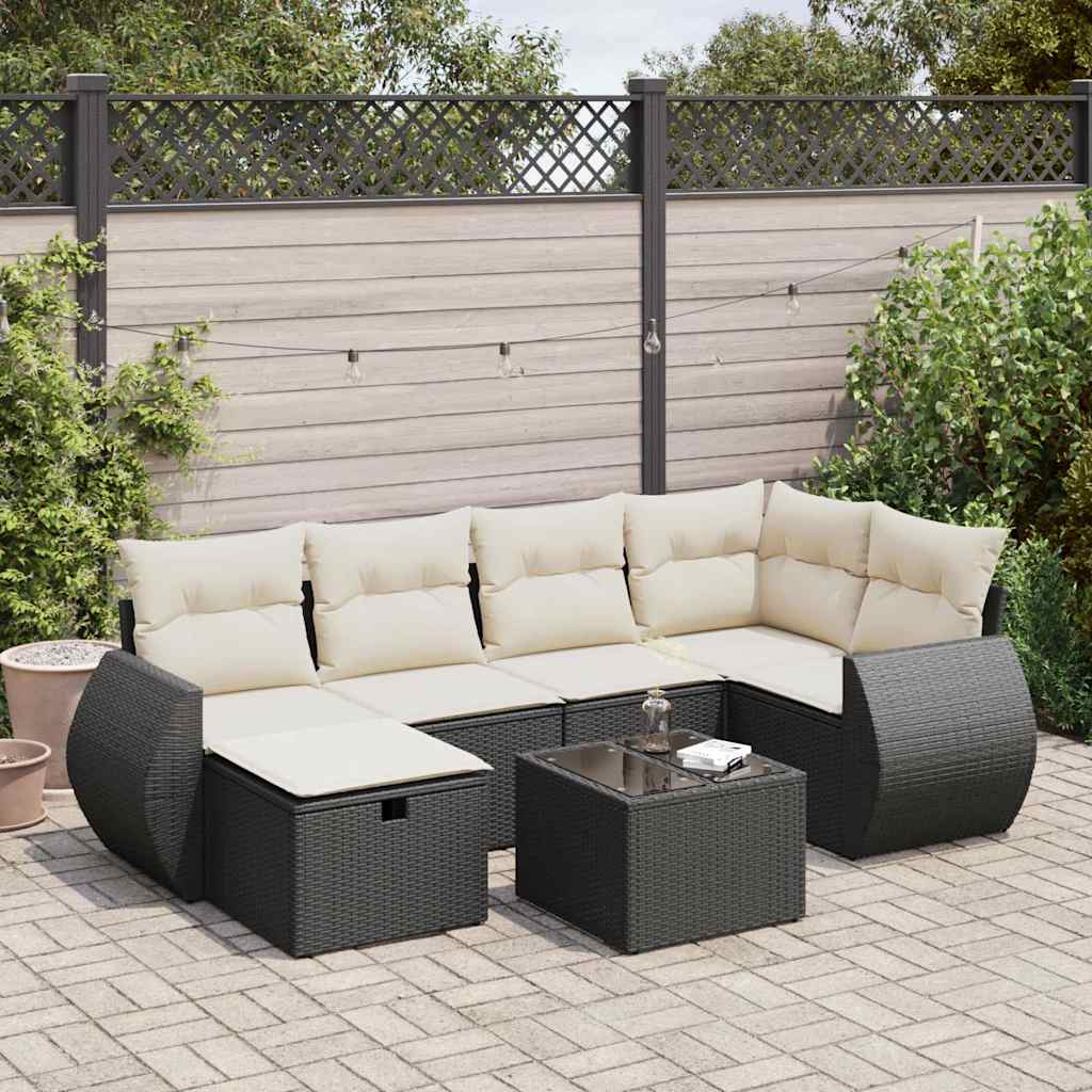 Salon de jardin 7 pcs avec coussins noir résine tressée