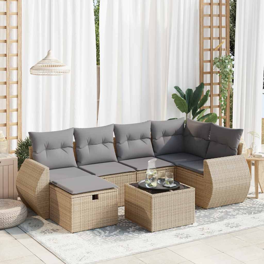 Salon de jardin avec coussins 7 pcs beige résine tressée