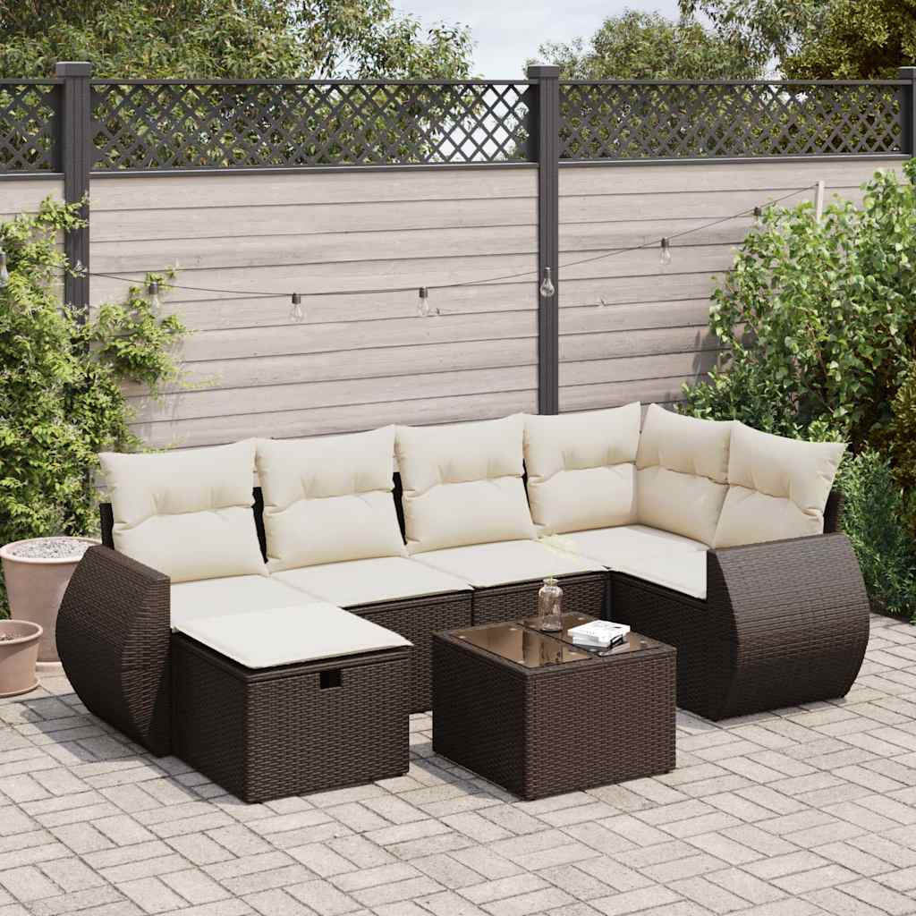 Salon de jardin avec coussins 7 pcs marron résine tressée