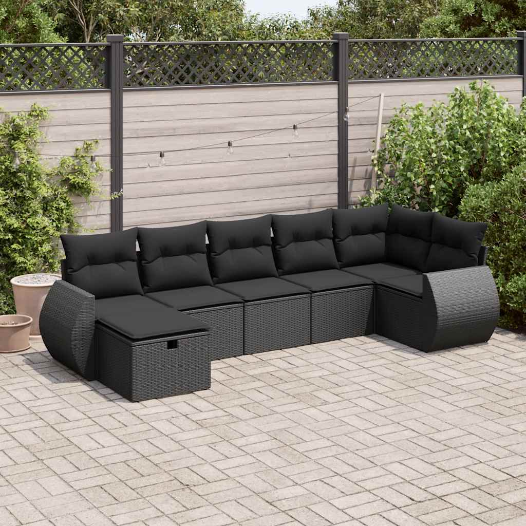 Salon de jardin 7 pcs avec coussins noir résine tressée