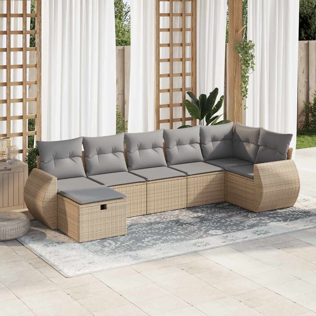 Salon de jardin avec coussins 7 pcs beige résine tressée