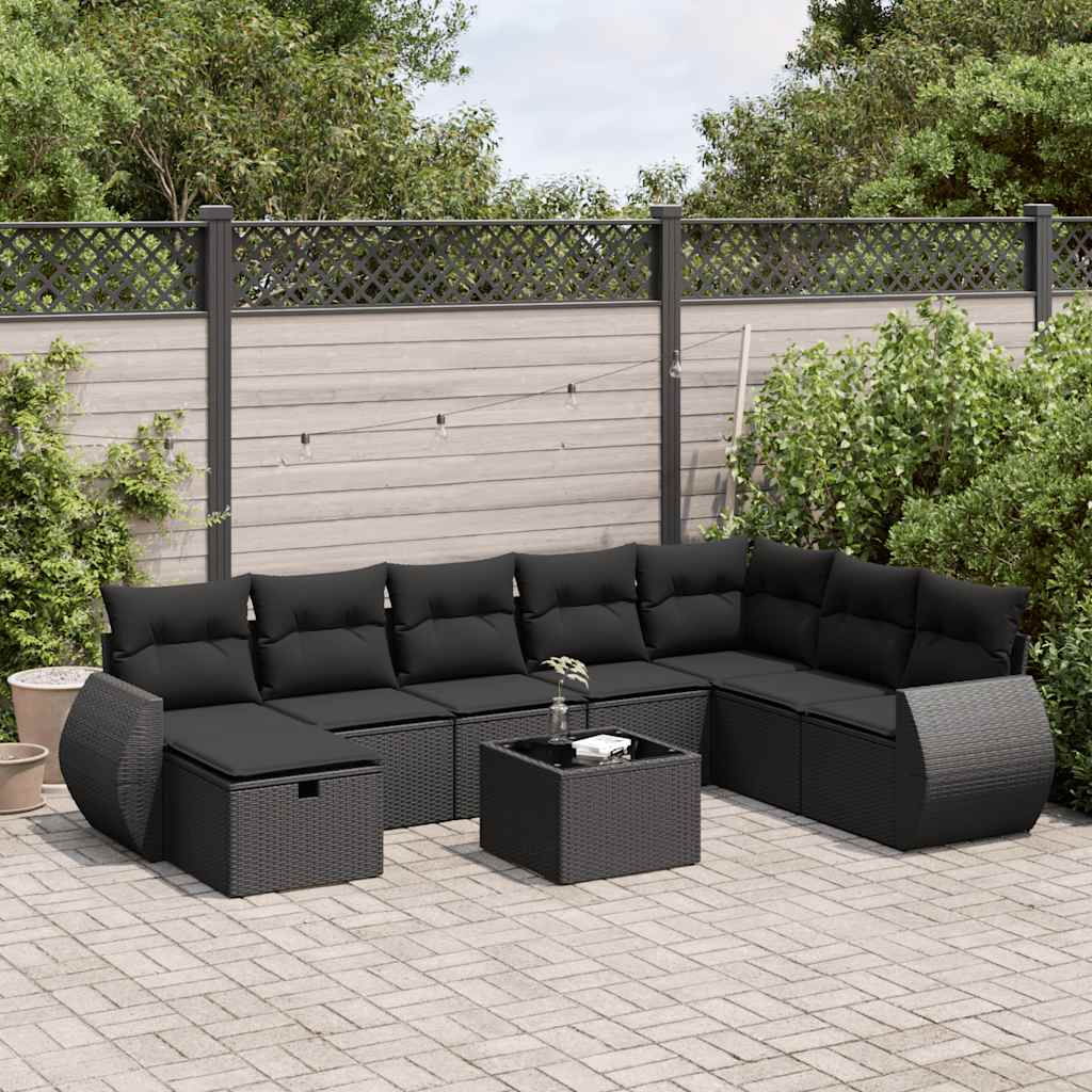 Salon de jardin 9 pcs avec coussins noir résine tressée