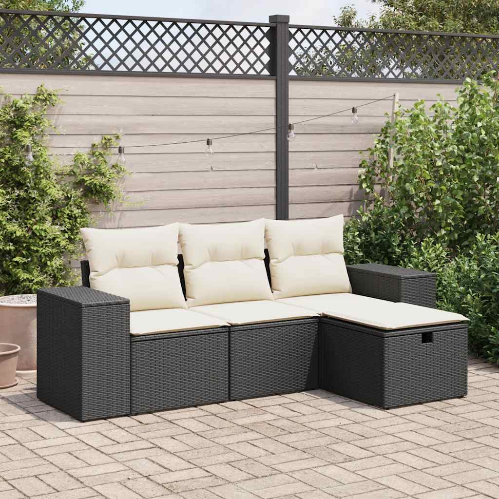 Salon de jardin 4 pcs avec coussins noir résine tressée