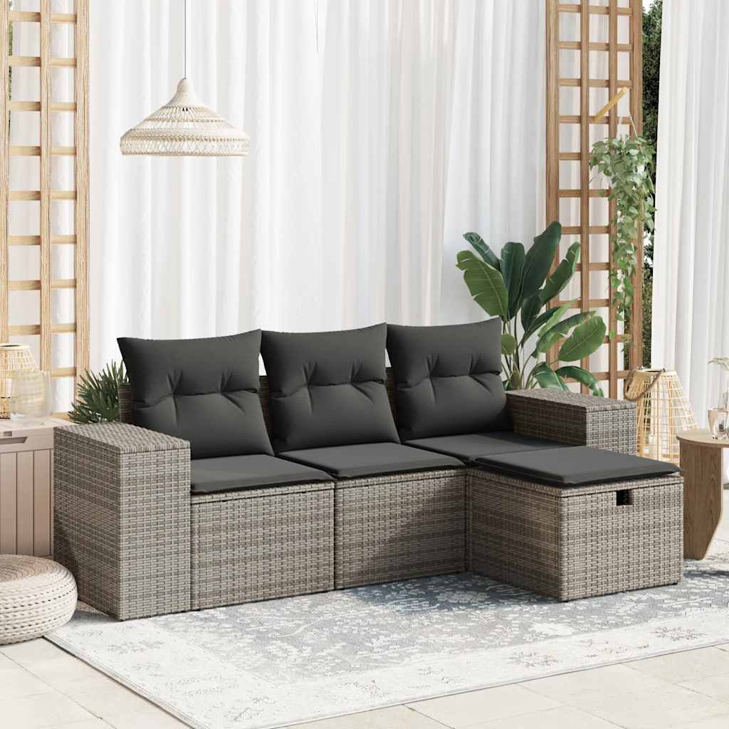 Salon de jardin 4 pcs avec coussins gris résine tressée