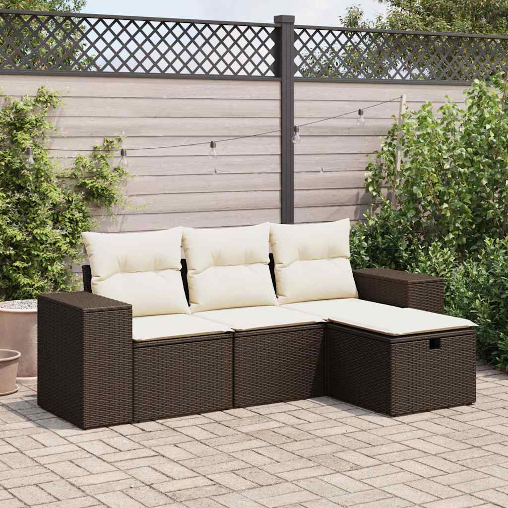 Salon de jardin 4 pcs avec coussins marron résine tressée