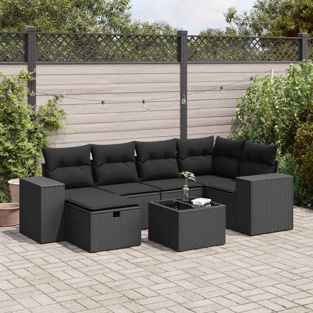 Salon de jardin 7 pcs avec coussins noir résine tressée