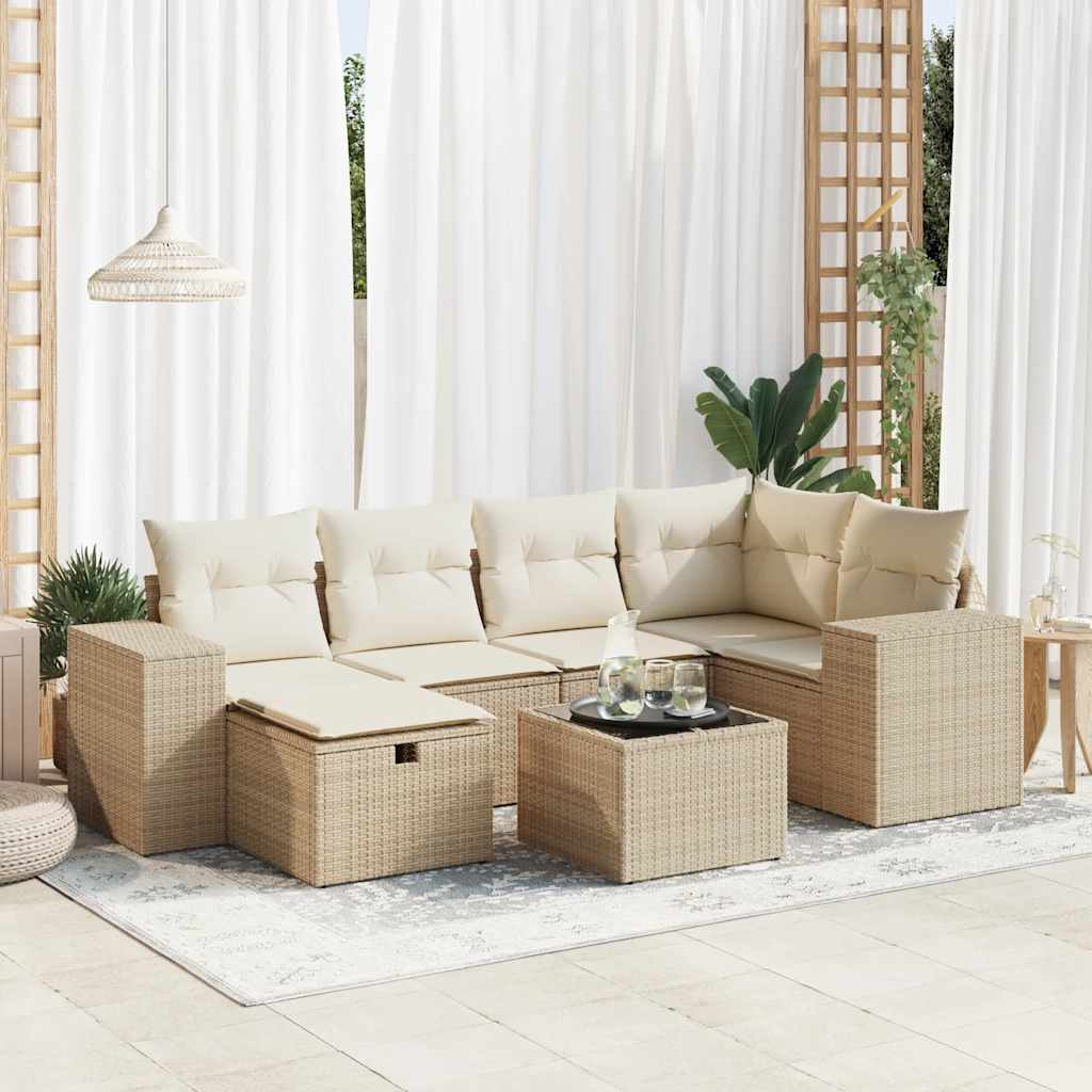 Salon de jardin avec coussins 7 pcs beige résine tressée