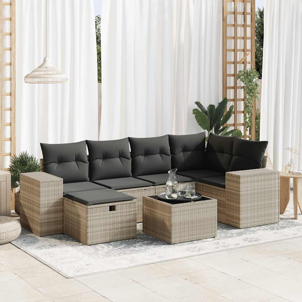 Salon de jardin avec coussins 7 pcs gris clair résine tressée