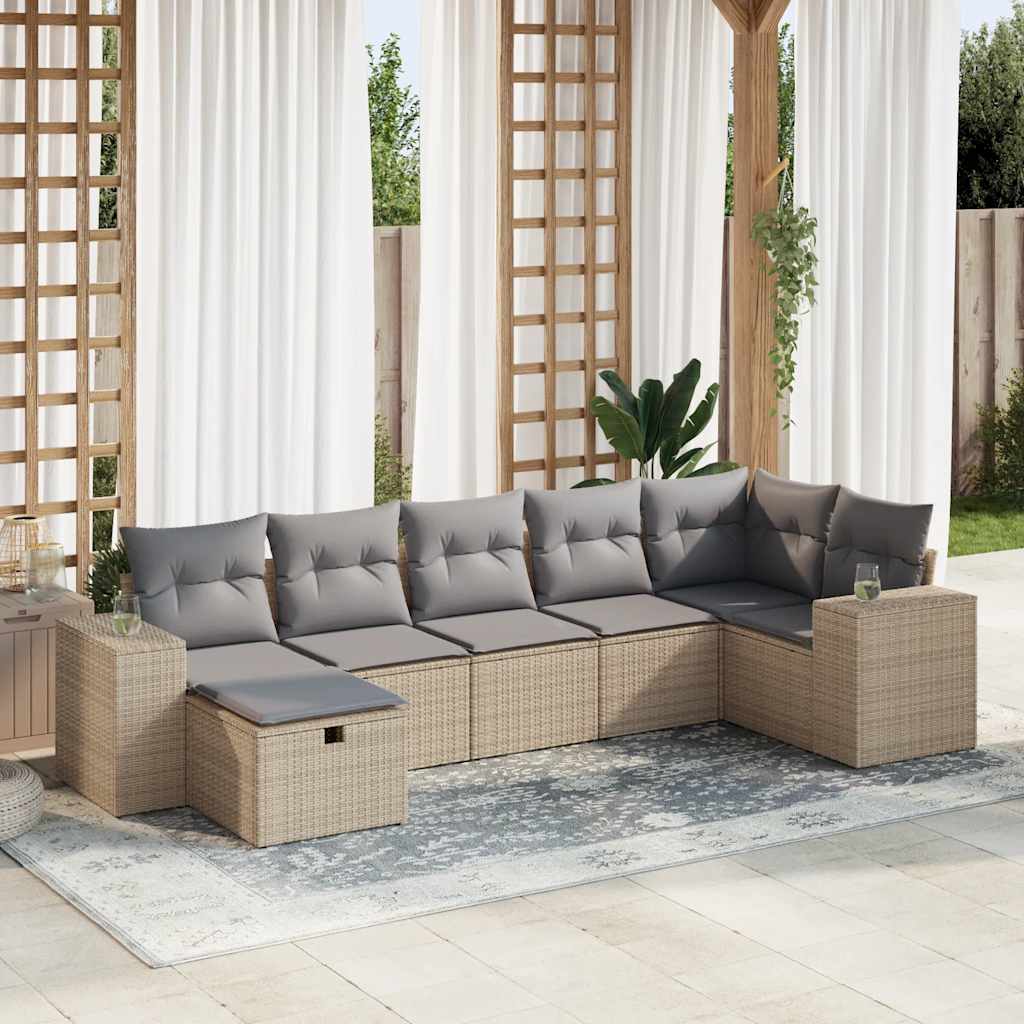 Salon de jardin avec coussins 7 pcs beige résine tressée