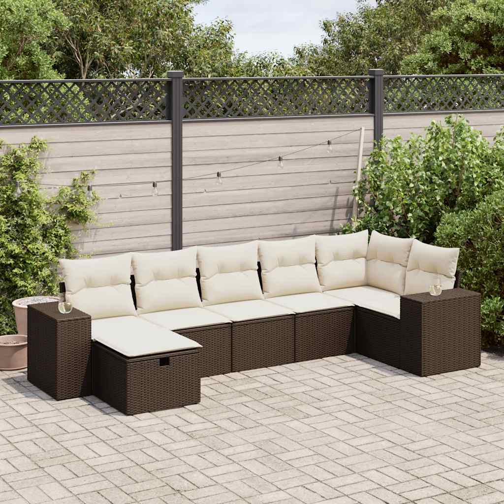 Salon de jardin avec coussins 7 pcs marron résine tressée