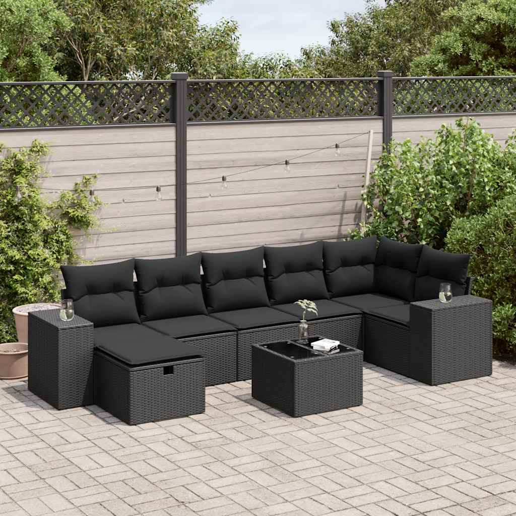 Salon de jardin 8 pcs avec coussins noir résine tressée